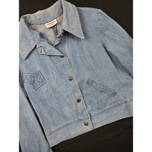 Vintage 70s Turtle Bax Denim Jacket Womens Arrow Appliqué Cropped Jean Coat Rare